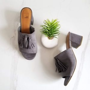 14th & Union Gray Faux Suede Mules Heels Tassels